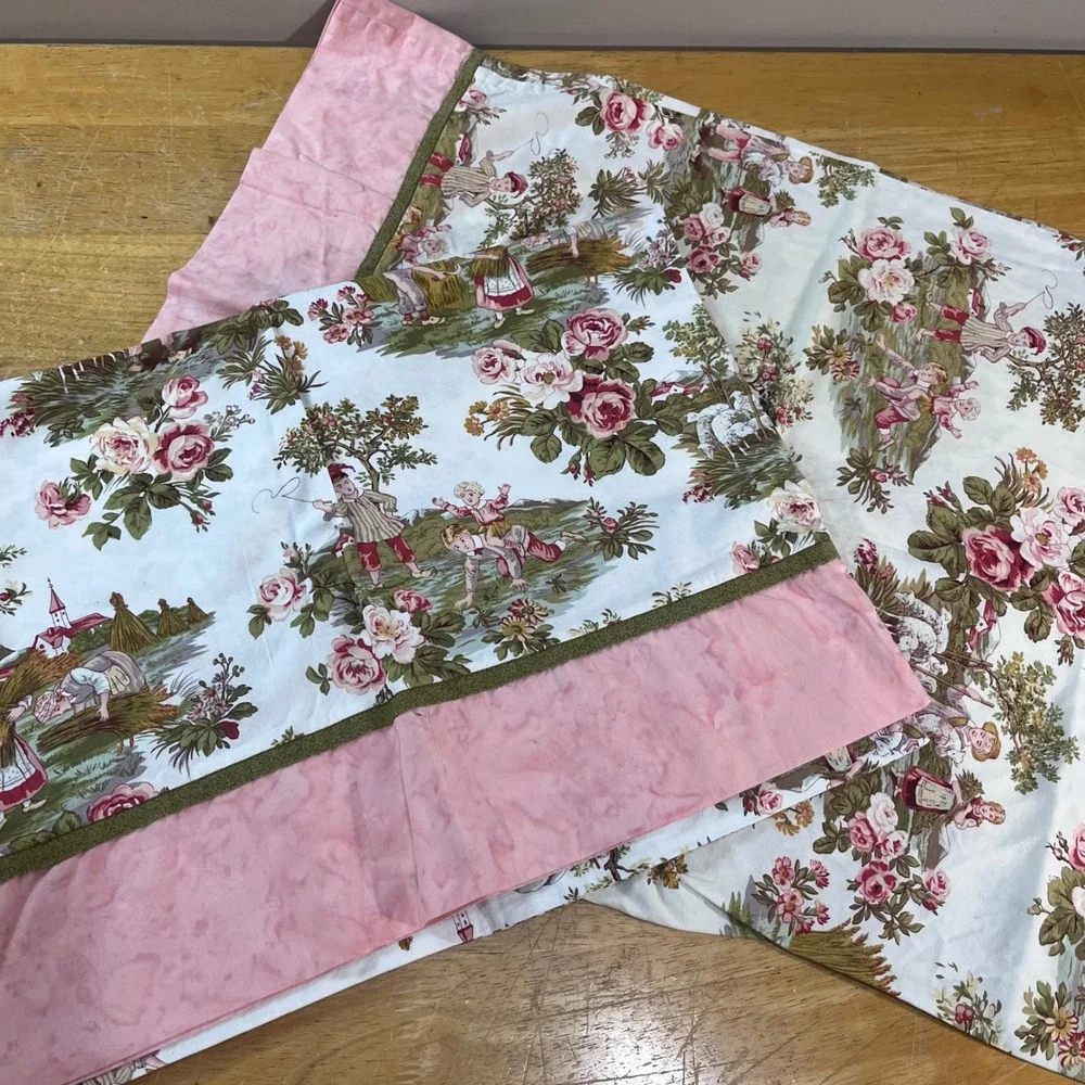 Vtg Handmade Standard Pillowcase Set 2 Toile Floral Pastoral Pink Green Cotton